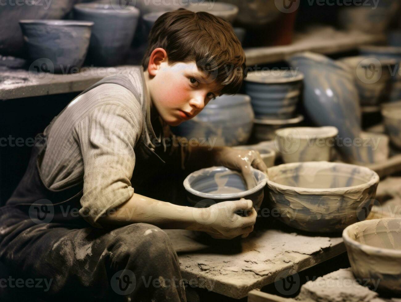 histórico colori foto do uma crianças diariamente trabalhos dentro a 1900 ai generativo