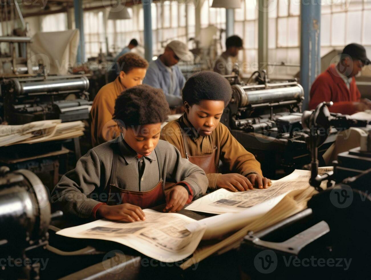 histórico colori foto do uma crianças diariamente trabalhos dentro a 1900 ai generativo