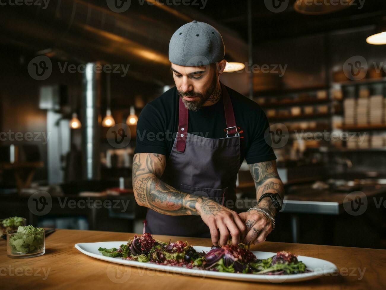 masculino chefe de cozinha cria culinária obras-primas dentro uma movimentado cozinha ai generativo foto