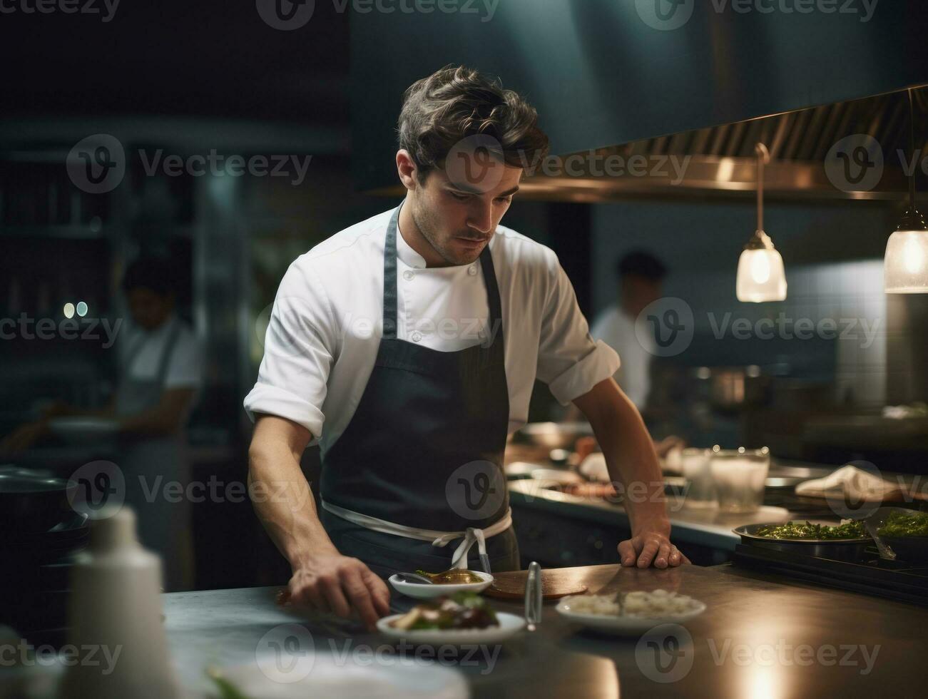 masculino chefe de cozinha cria culinária obras-primas dentro uma movimentado cozinha ai generativo foto