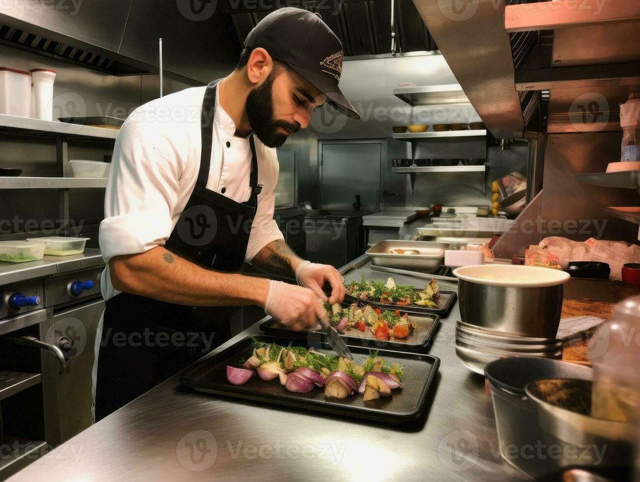 masculino chefe de cozinha cria culinária obras-primas dentro uma movimentado cozinha ai generativo foto