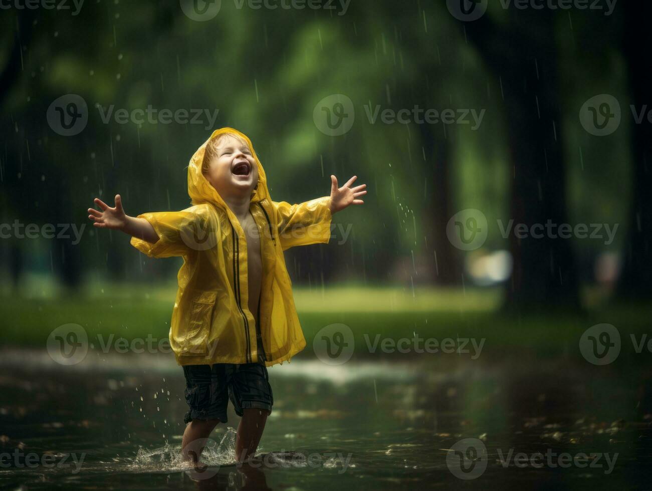 despreocupado criança alegremente danças dentro a refrescante chuva ai generativo foto