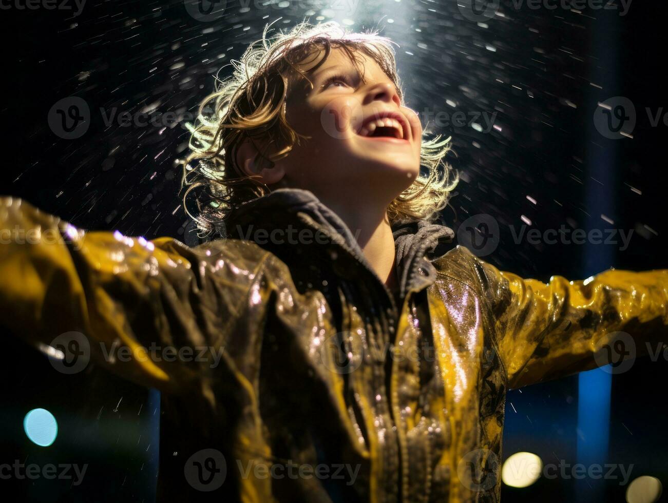 despreocupado criança alegremente danças dentro a refrescante chuva ai generativo foto