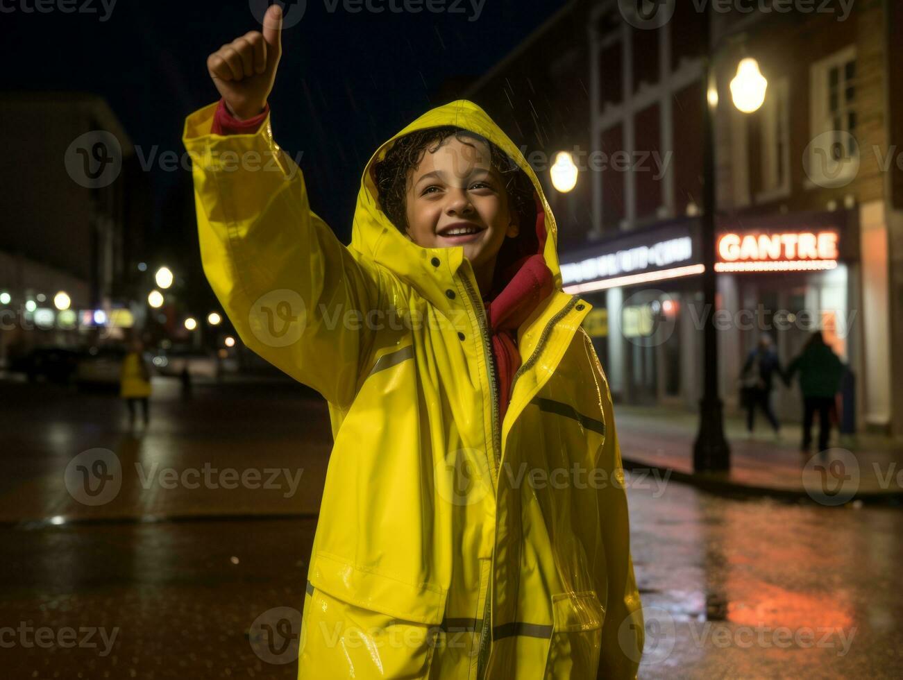 despreocupado criança alegremente danças dentro a refrescante chuva ai generativo foto