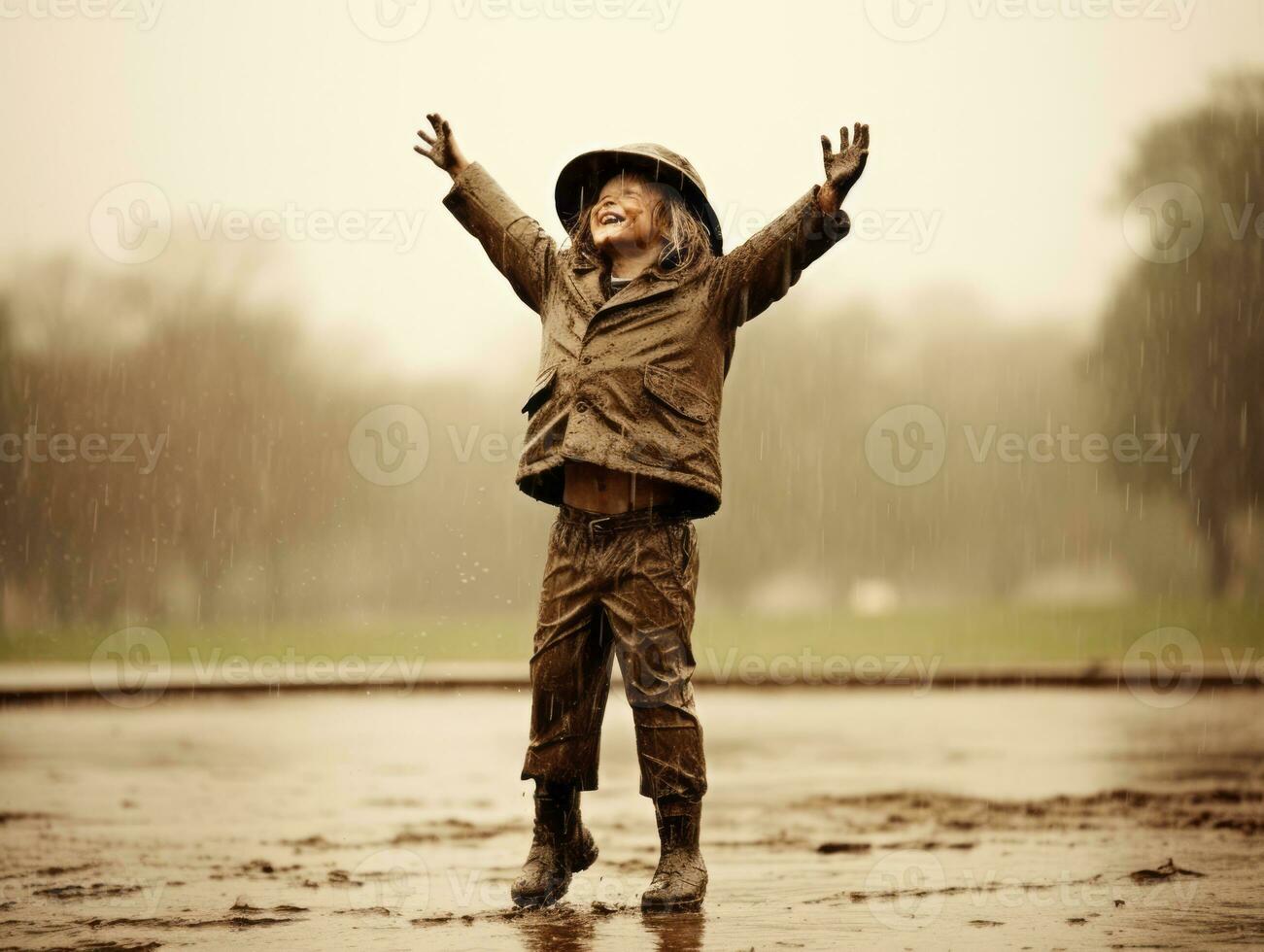 despreocupado criança alegremente danças dentro a refrescante chuva ai generativo foto