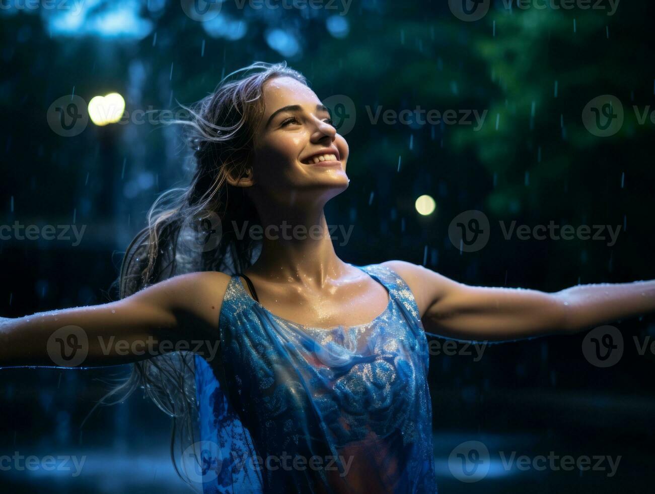 despreocupado mulher alegremente danças dentro a refrescante chuva ai generativo foto