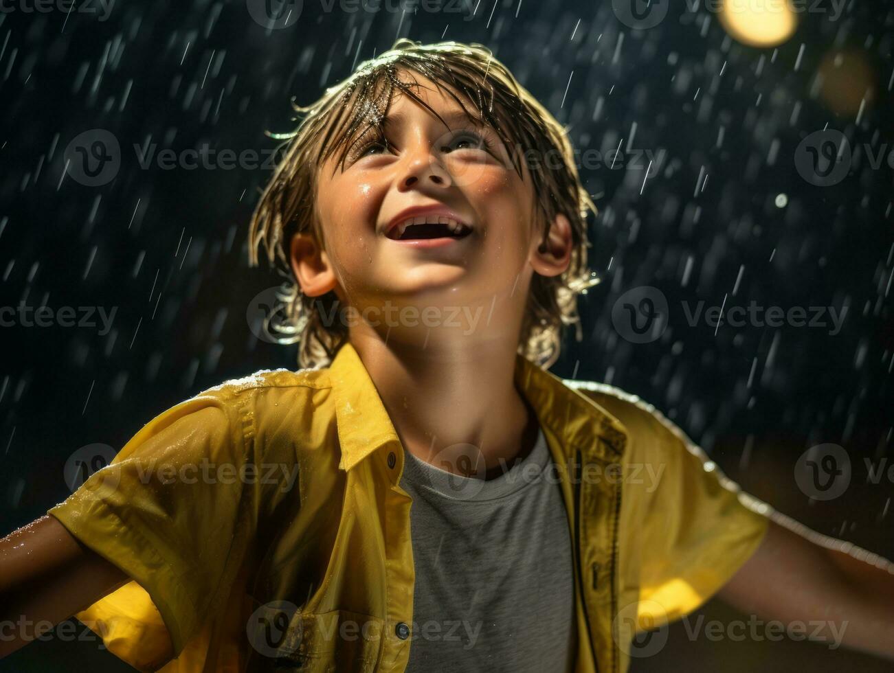 despreocupado criança alegremente danças dentro a refrescante chuva ai generativo foto