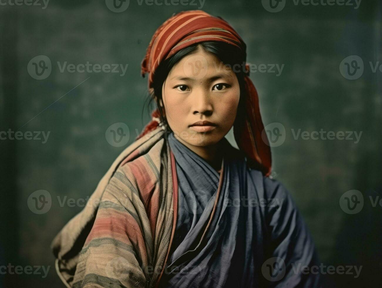 a velho colori fotografia do uma ásia mulher a partir de a cedo 1900 ai generativo foto