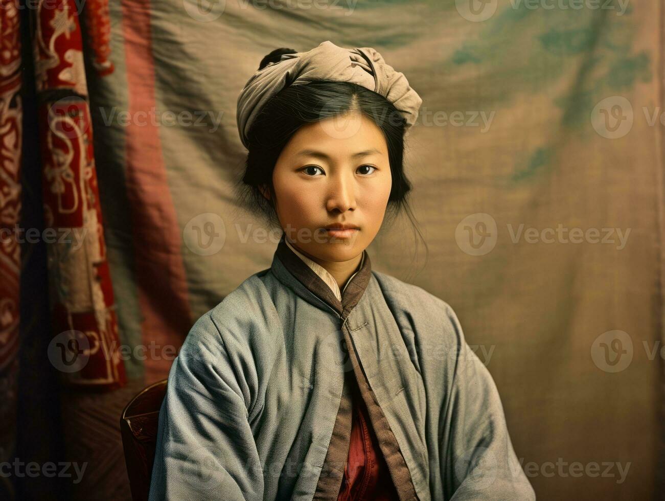 a velho colori fotografia do uma ásia mulher a partir de a cedo 1900 ai generativo foto