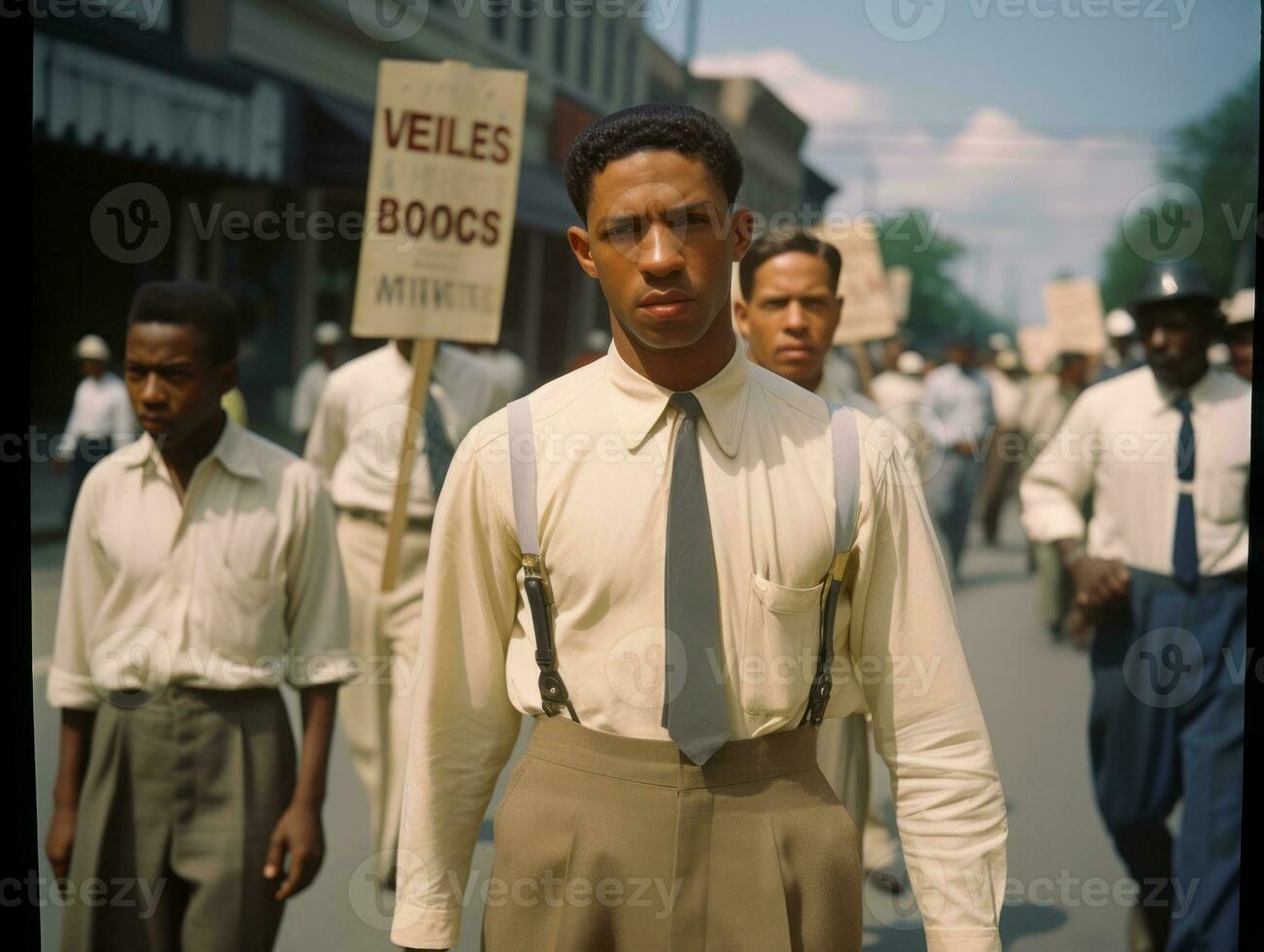 histórico colori foto do uma homem conduzindo uma protesto ai generativo