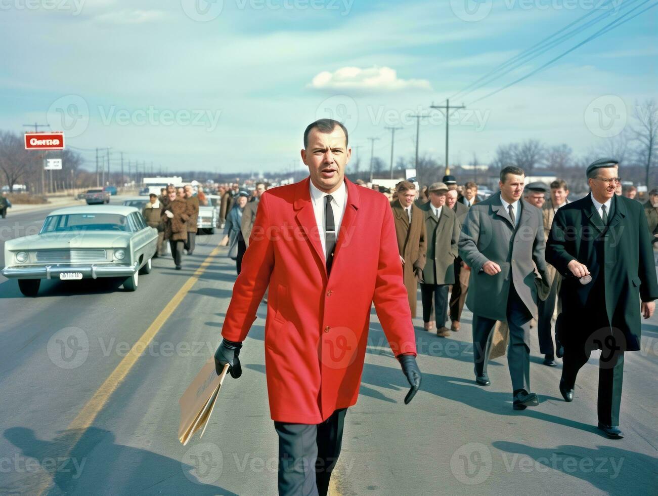 histórico colori foto do uma homem conduzindo uma protesto ai generativo