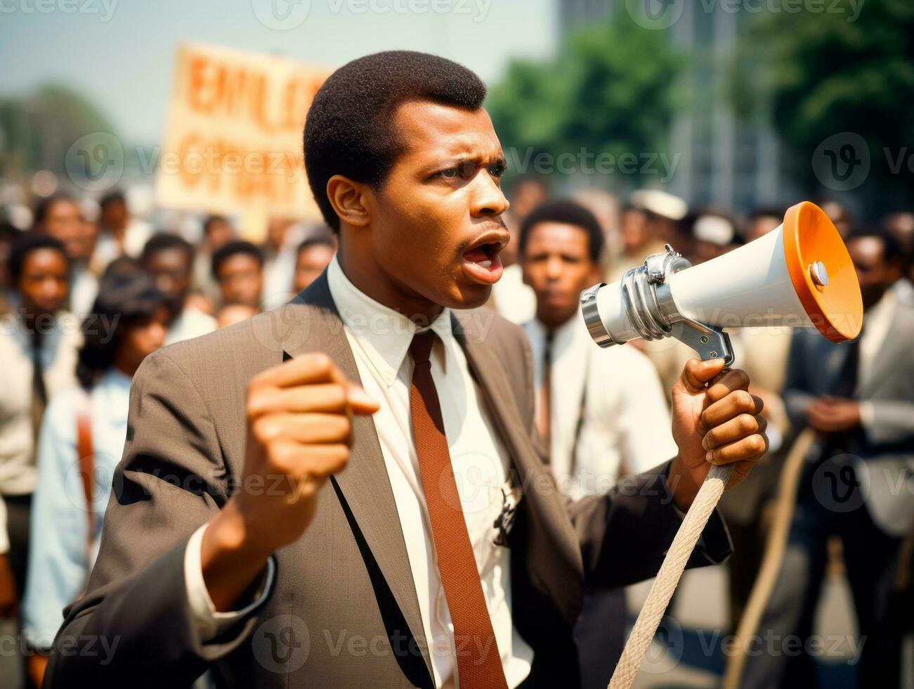 histórico colori foto do uma homem conduzindo uma protesto ai generativo