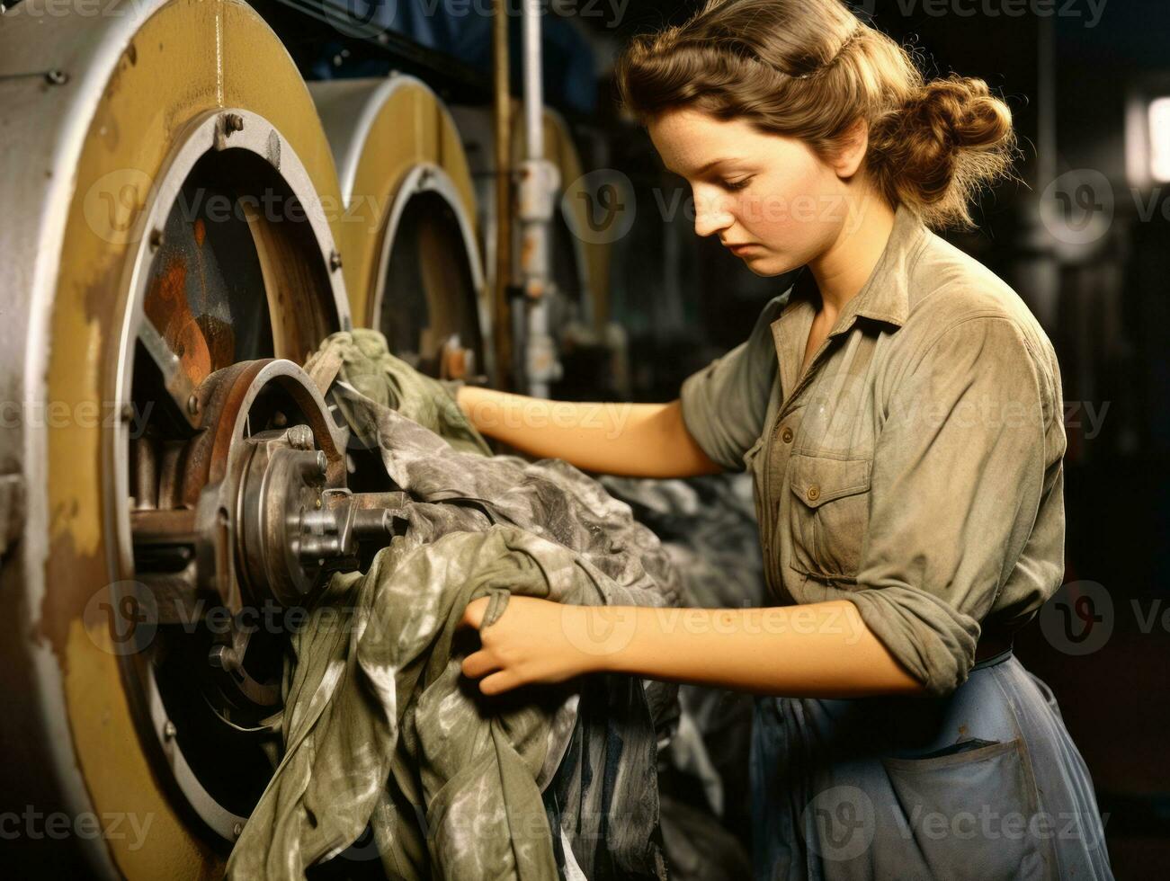 histórico colori foto do uma mulher diariamente trabalhos dentro a passado ai generativo