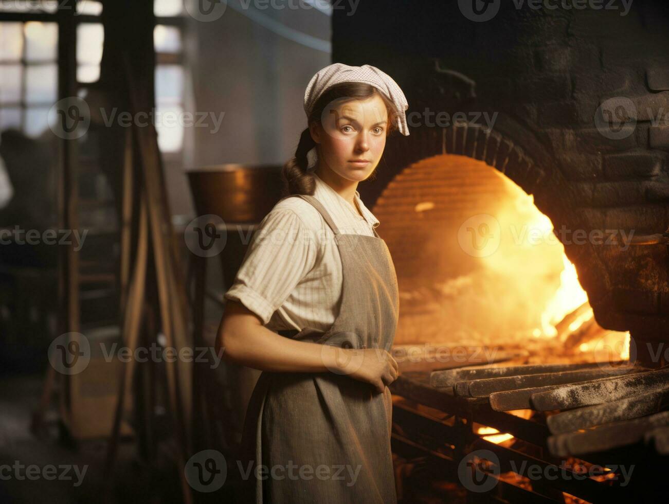 histórico colori foto do uma mulher diariamente trabalhos dentro a passado ai generativo