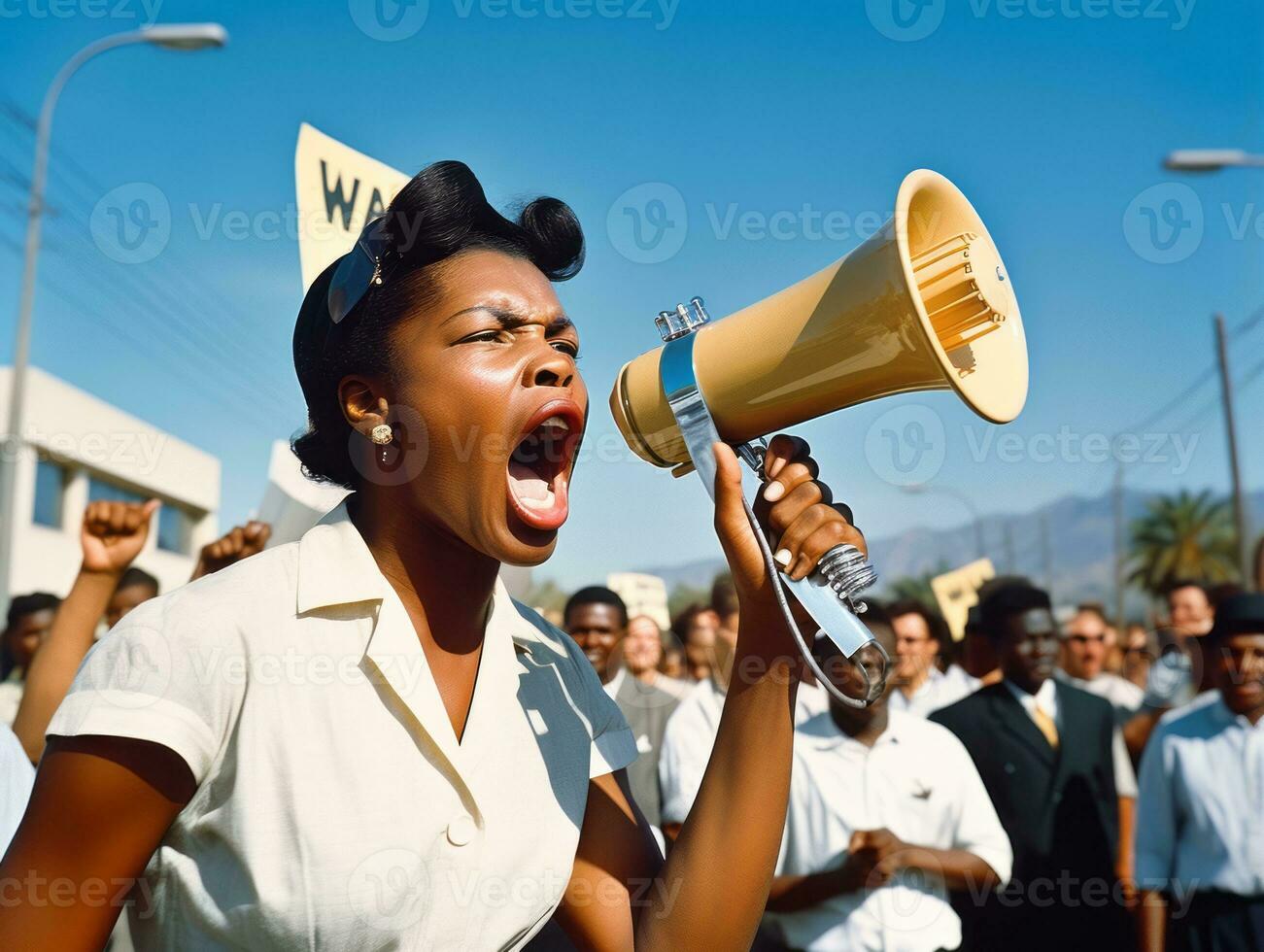 histórico colori foto do uma mulher conduzindo uma protesto ai generativo