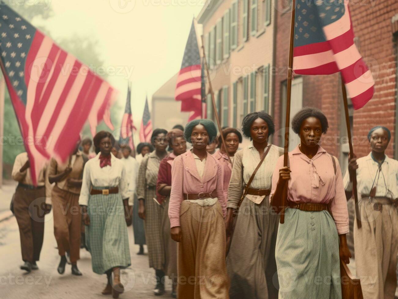 histórico colori foto do uma mulher conduzindo uma protesto ai generativo