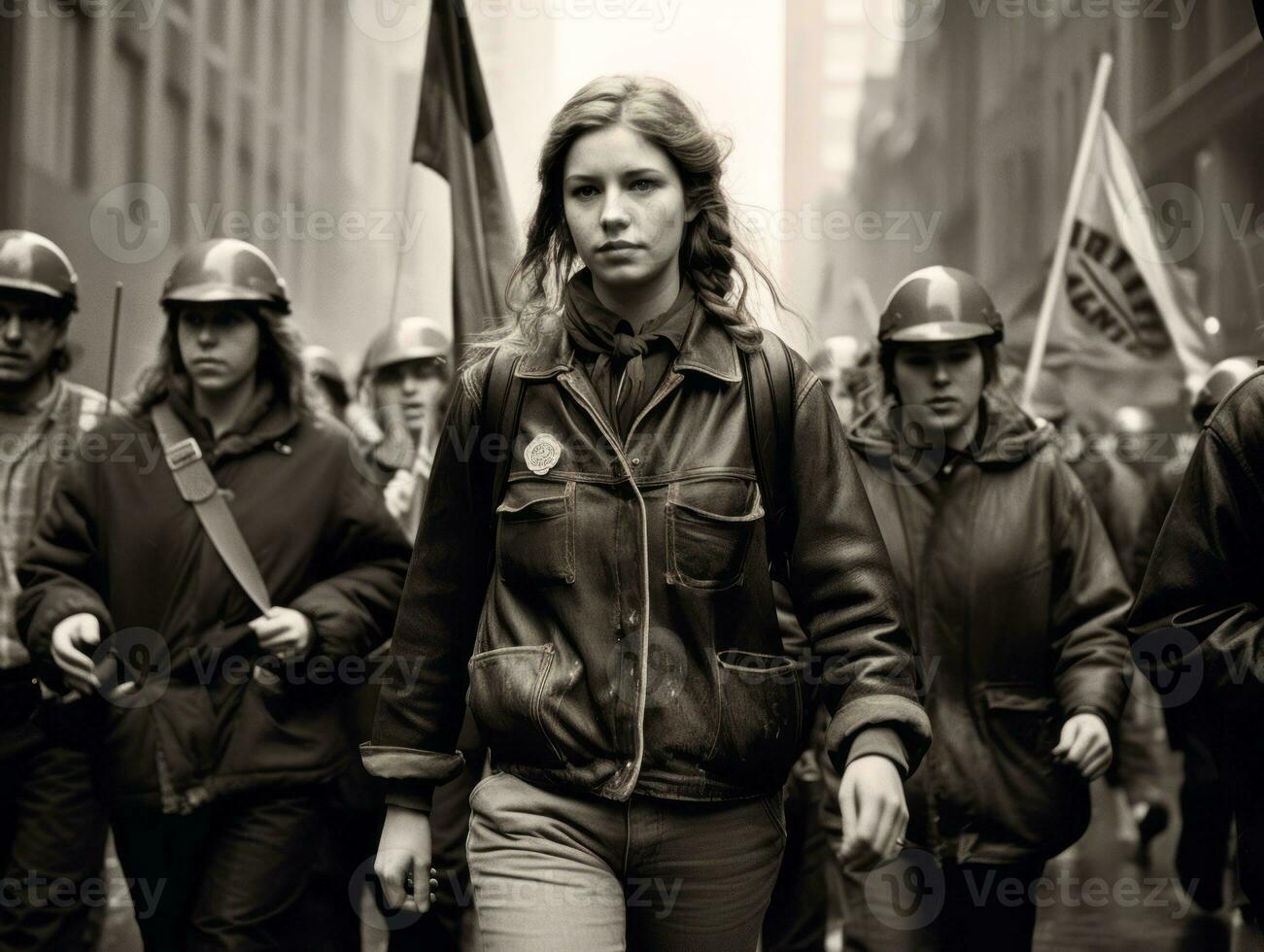 histórico colori foto do uma mulher conduzindo uma protesto ai generativo