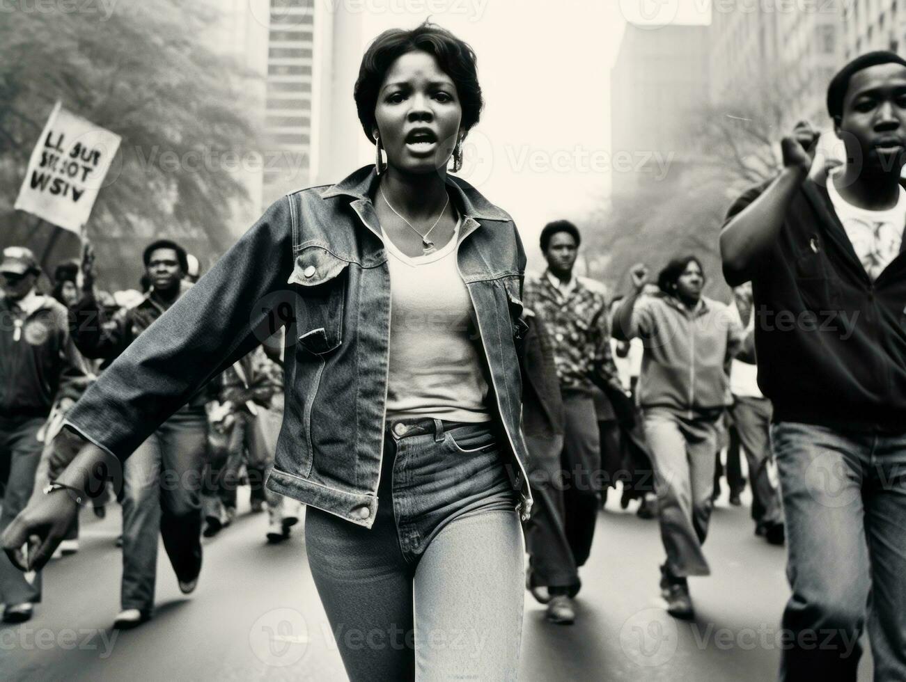 histórico colori foto do uma mulher conduzindo uma protesto ai generativo