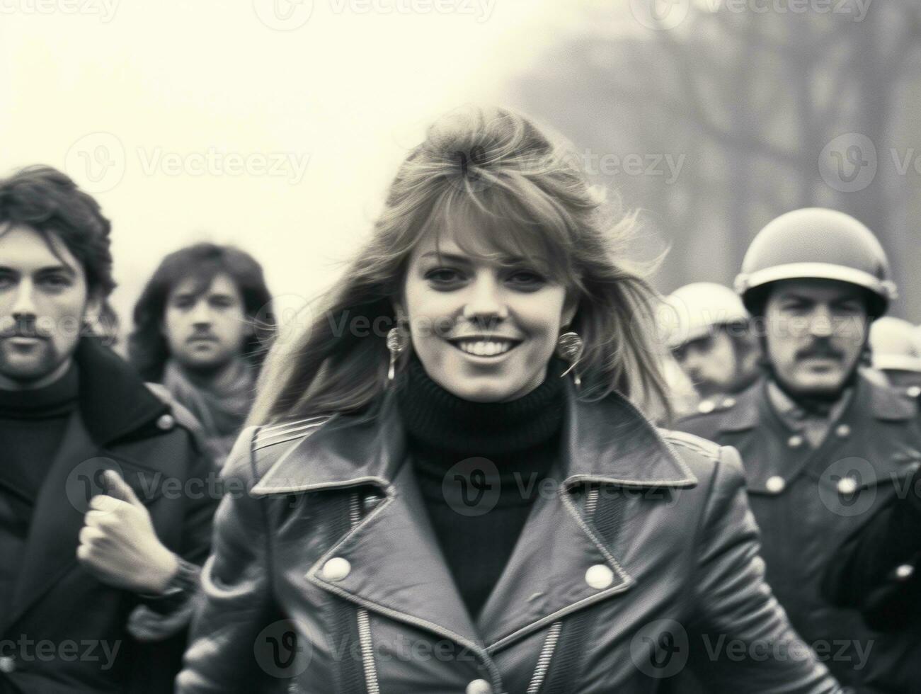 histórico colori foto do uma mulher conduzindo uma protesto ai generativo