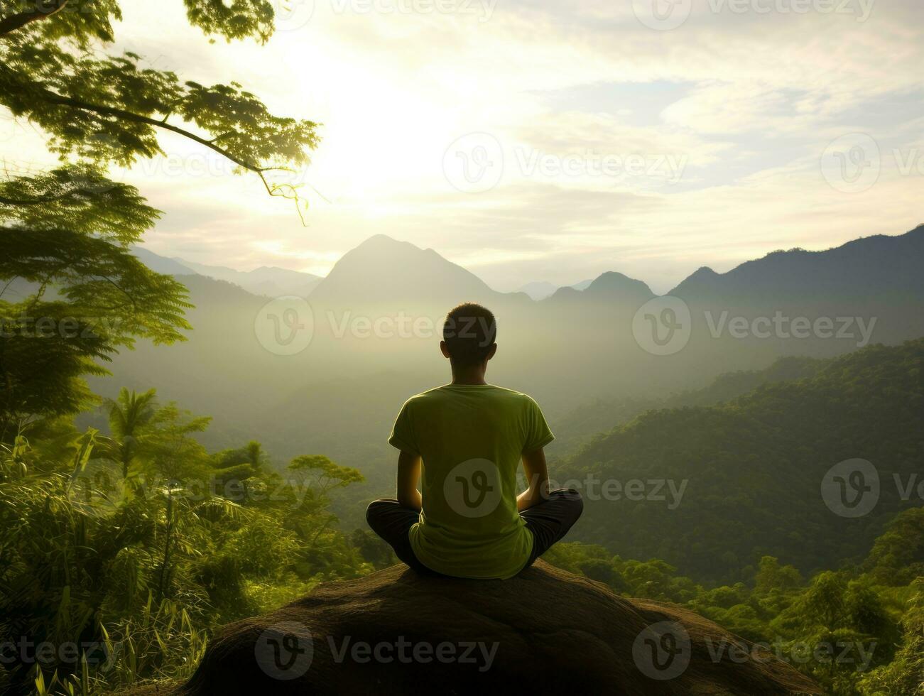 homem meditando dentro a seio do natureza ai generativo foto