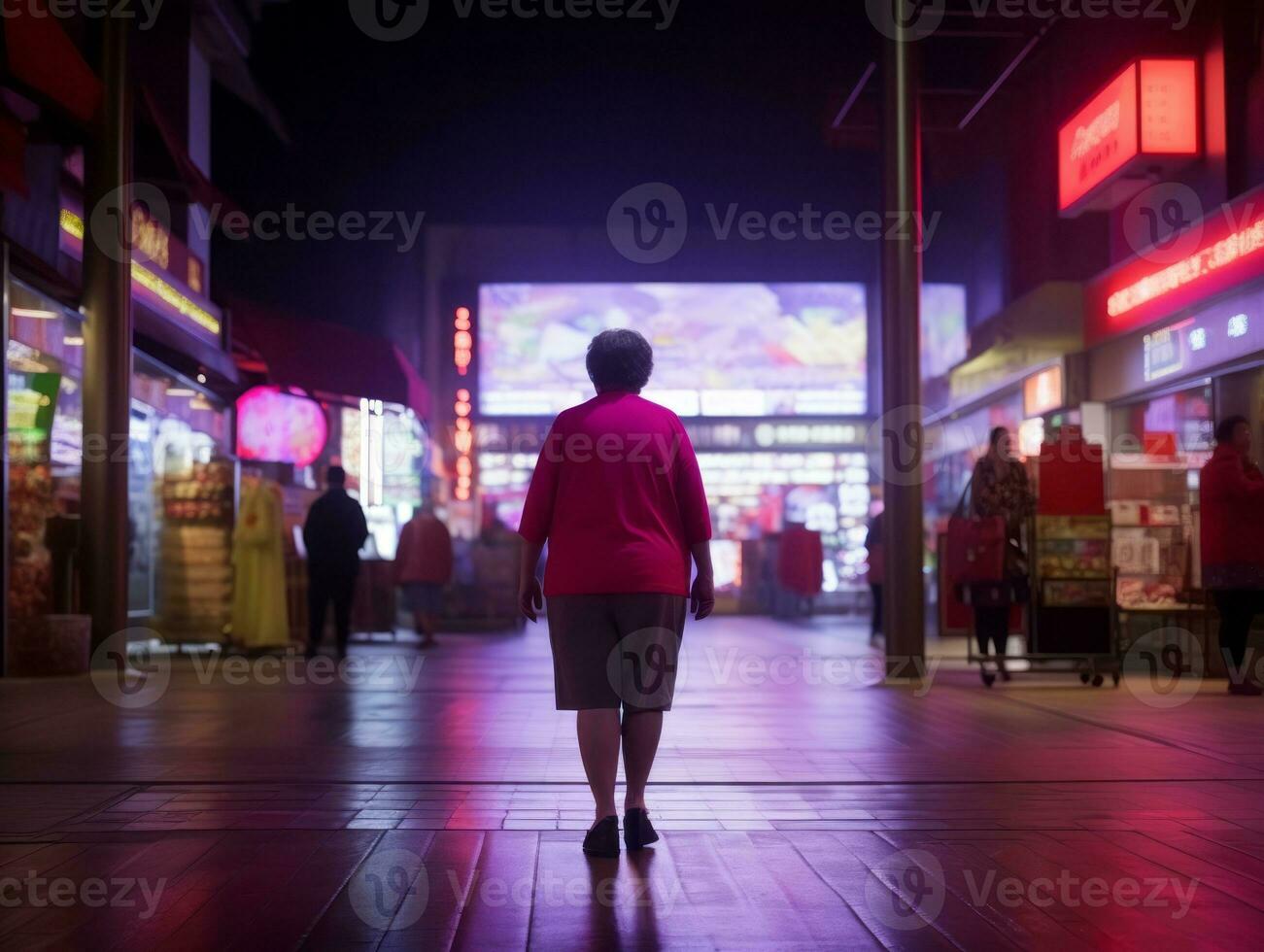 mais Tamanho mulher caminhando com confiança através a vibrante néon aceso ruas ai generativo foto