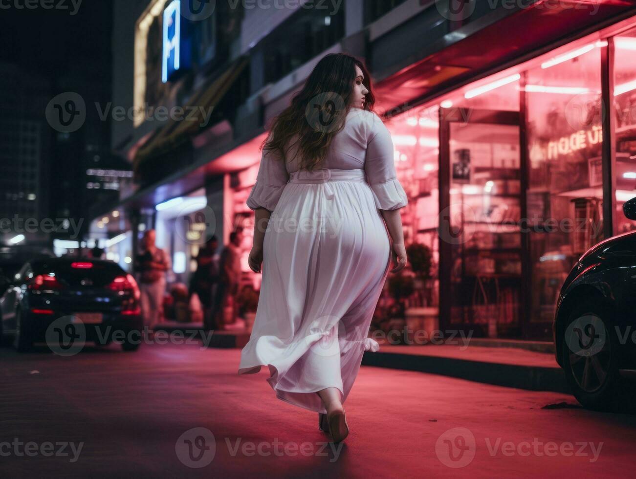 mais Tamanho mulher caminhando com confiança através a vibrante néon aceso ruas ai generativo foto