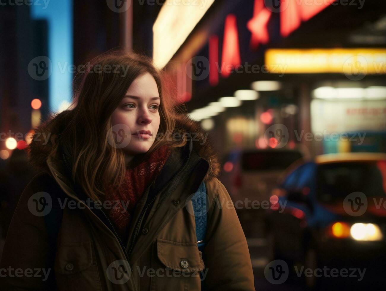 mais Tamanho mulher caminhando com confiança através a vibrante néon aceso ruas ai generativo foto