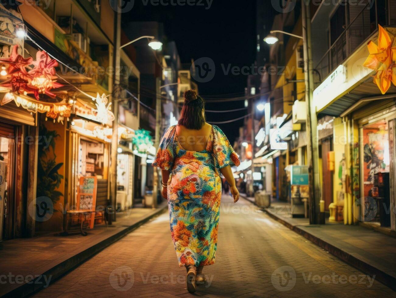 mais Tamanho mulher caminhando com confiança através a vibrante néon aceso ruas ai generativo foto