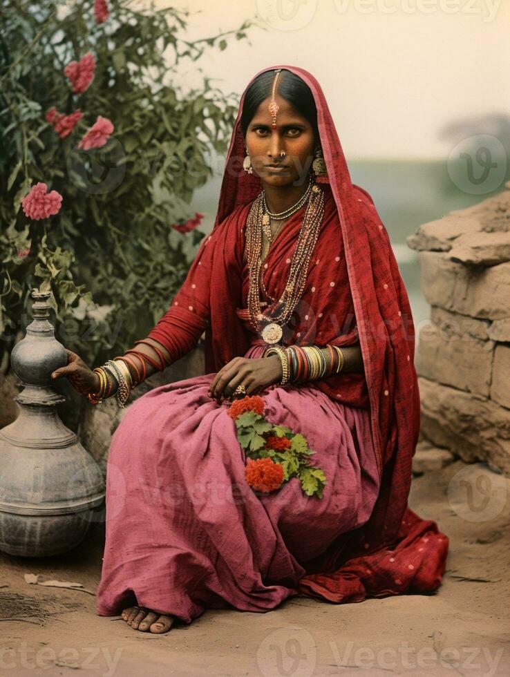 velho colori fotografia do uma indiano mulher a partir de a cedo 1900 ai generativo foto