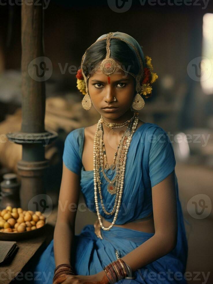 velho colori fotografia do uma indiano mulher a partir de a cedo 1900 ai generativo foto