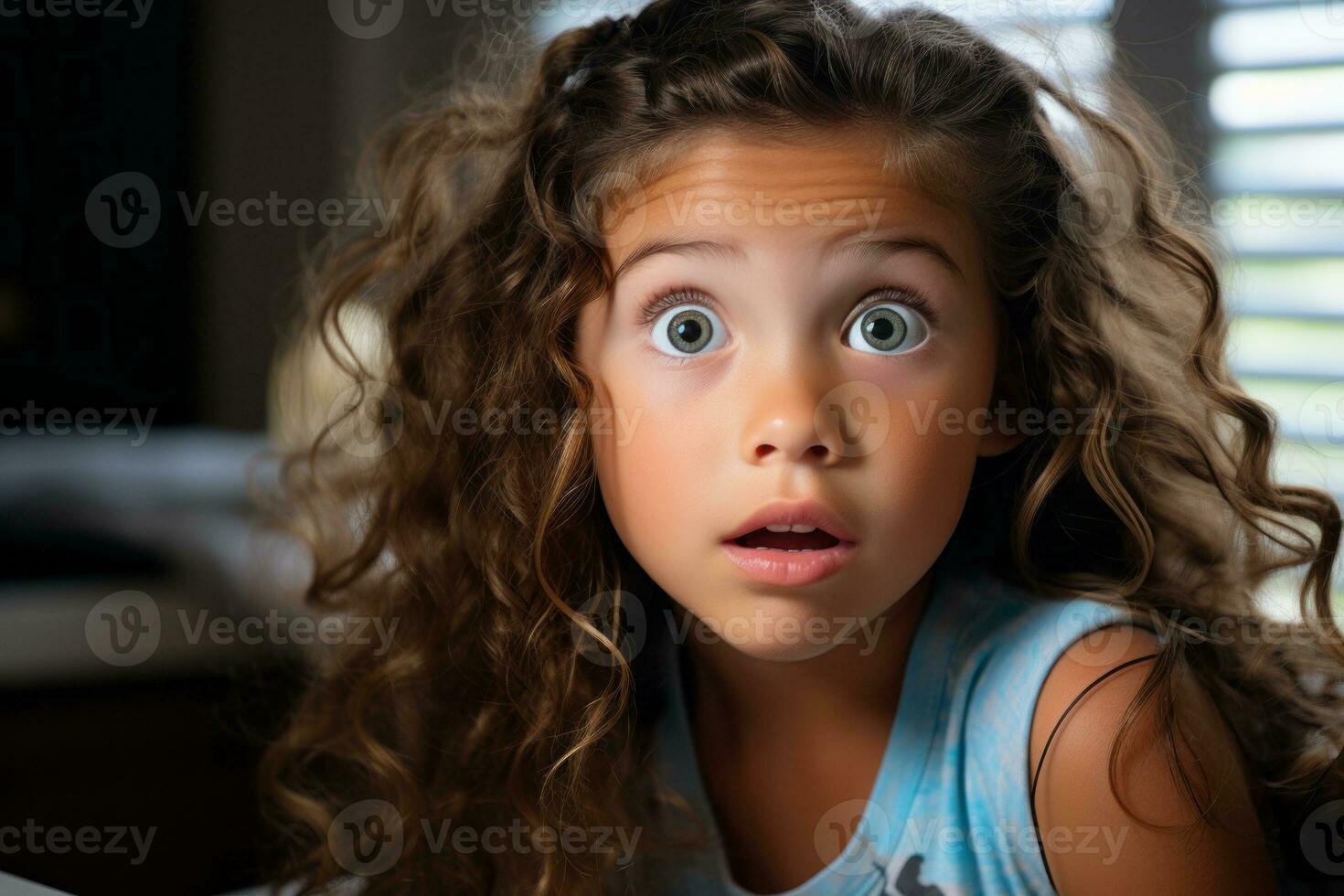 uma jovem menina com grande olhos olhando acima às a Câmera generativo ai foto