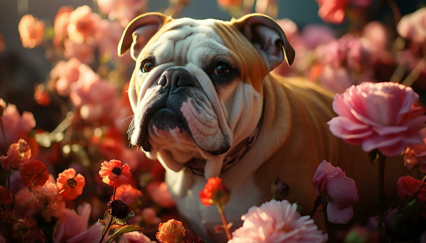 fofa buldogue cachorro sentado dentro natureza, brincalhão e alegre gerado de ai foto