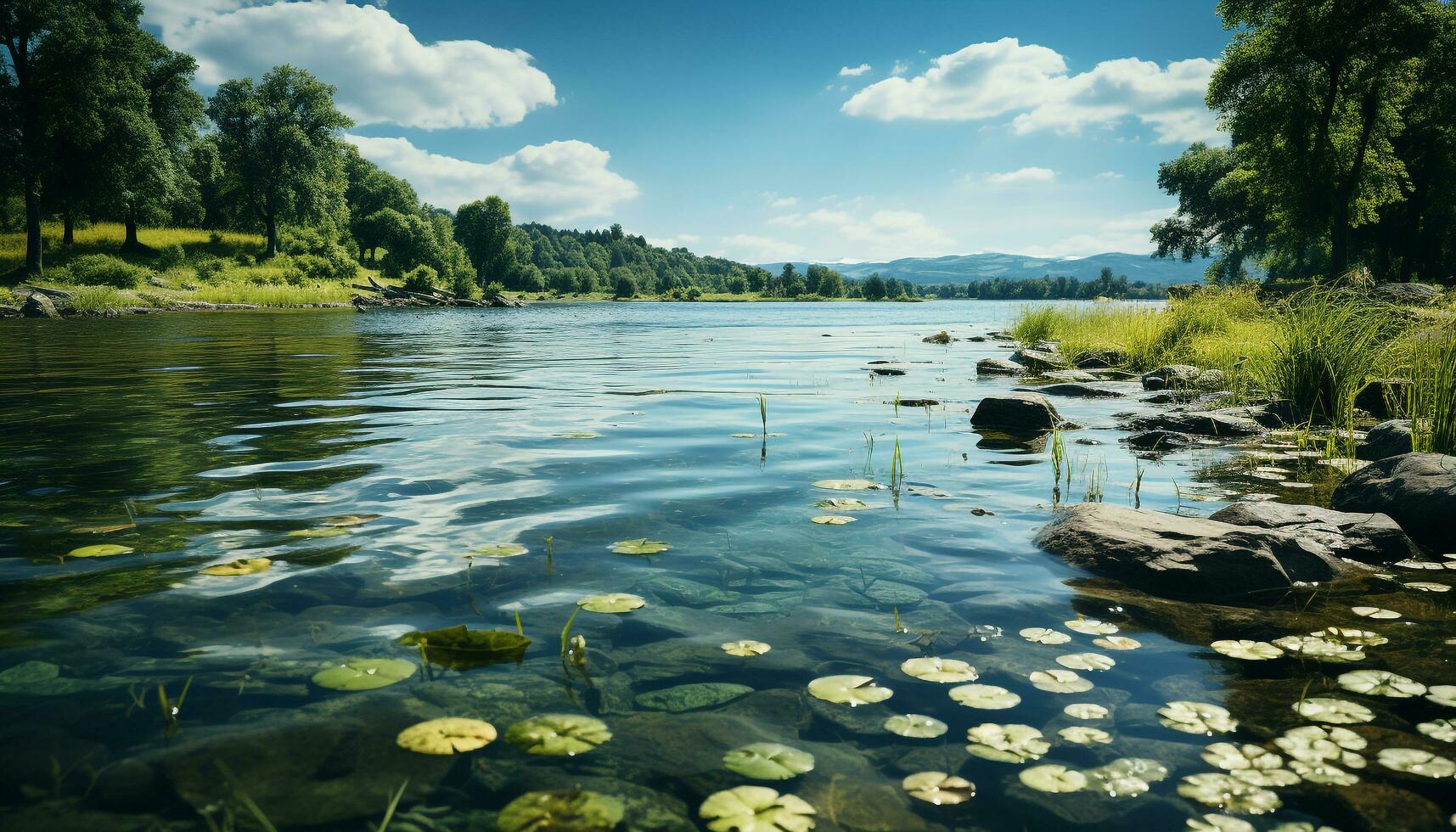 tranquilo cena verde floresta, azul lago, refletindo outono beleza gerado de ai foto