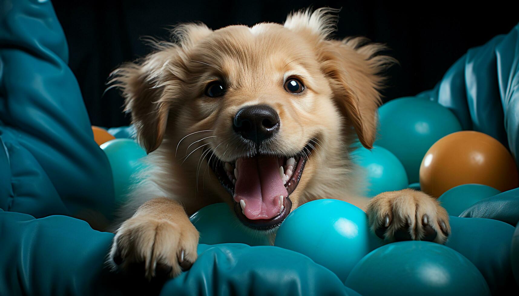 fofa cachorro sentado, olhando às Câmera, jogando com bola gerado de ai foto