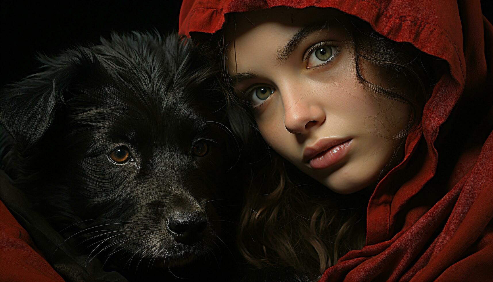 fofa cachorro e mulher compartilhar amor dentro bem arte retrato gerado de ai foto