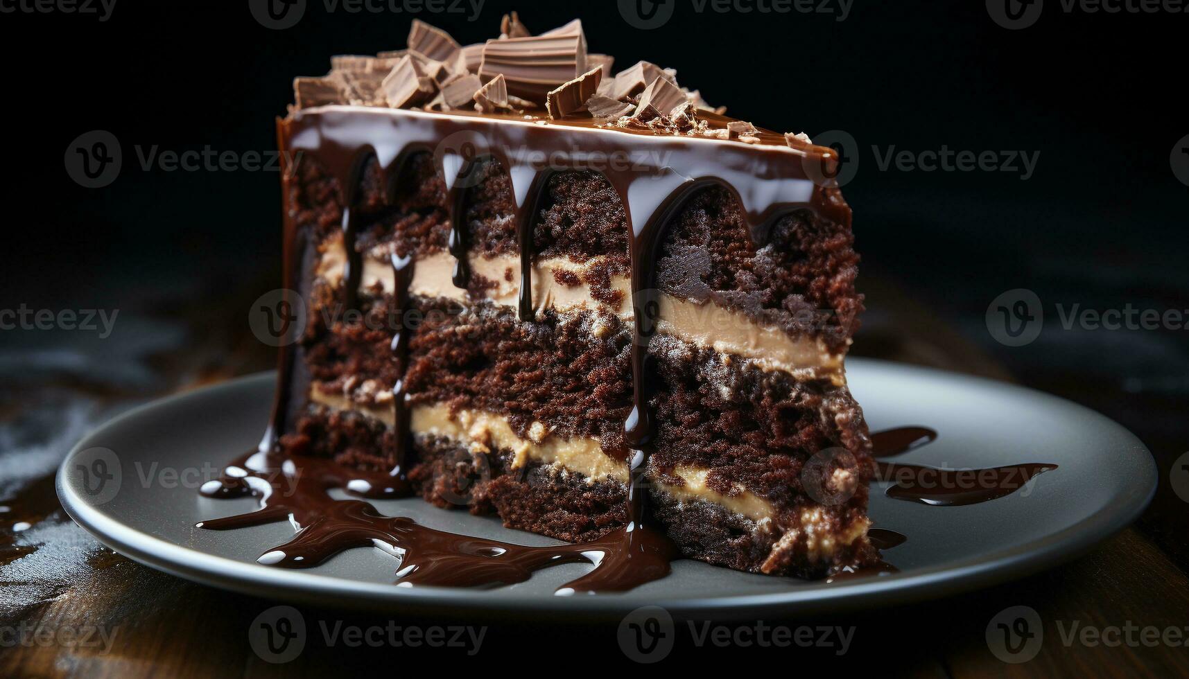 uma fechar acima fatia do caseiro chocolate bolo em uma prato gerado de ai foto