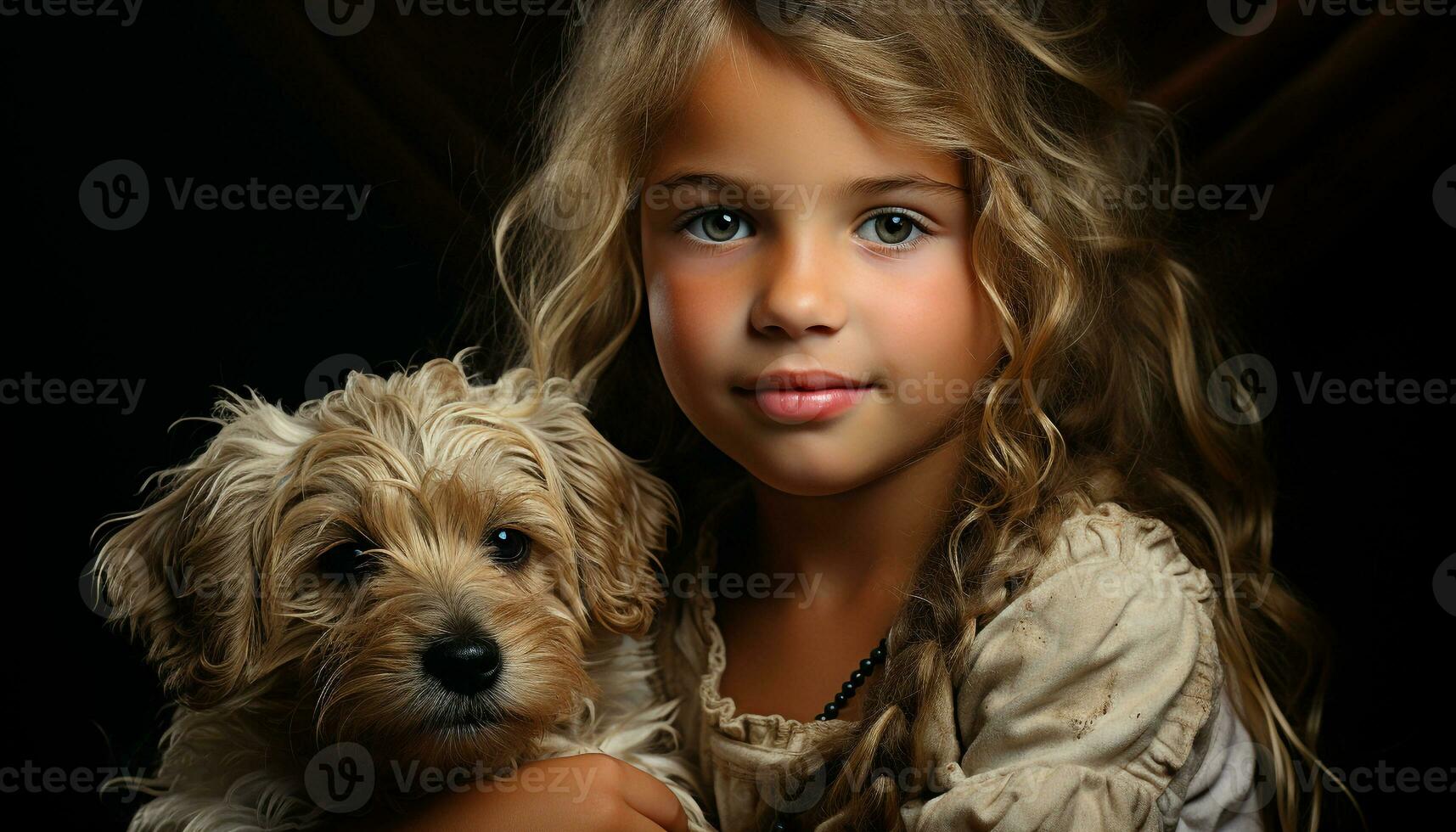 uma fofa cachorro e uma pequeno criança abraço dentro amor gerado de ai foto