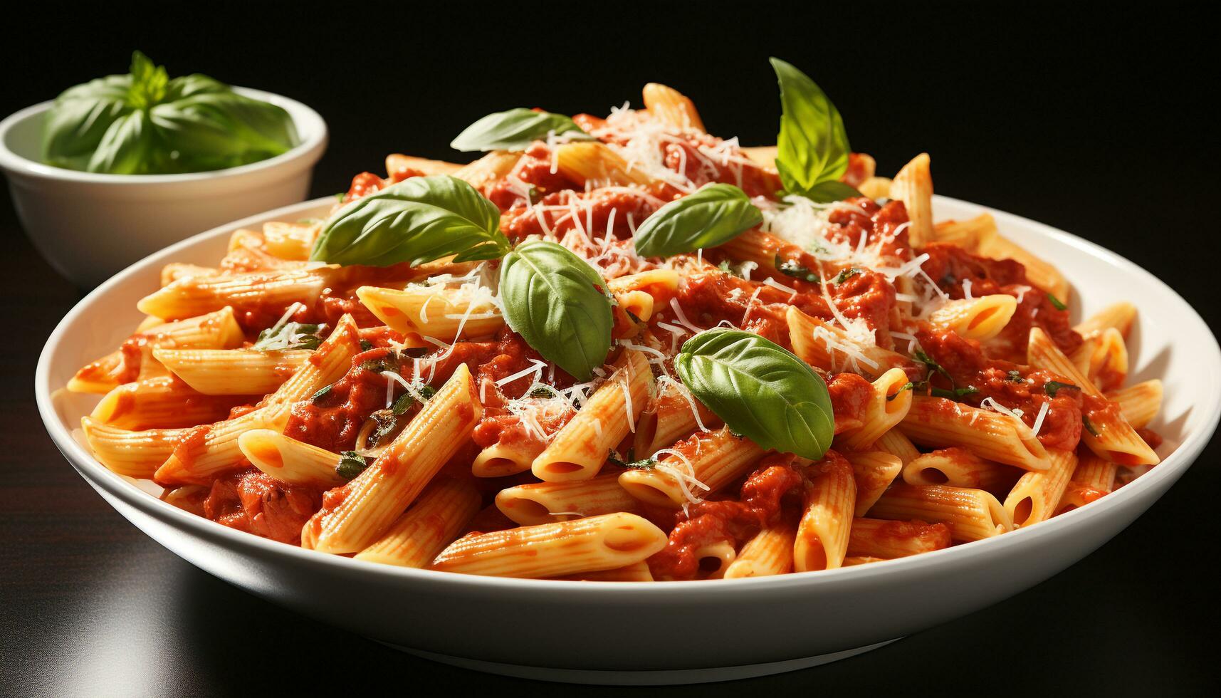 fresco massa, tomate molho, e parmesão queijo em uma prato gerado de ai foto