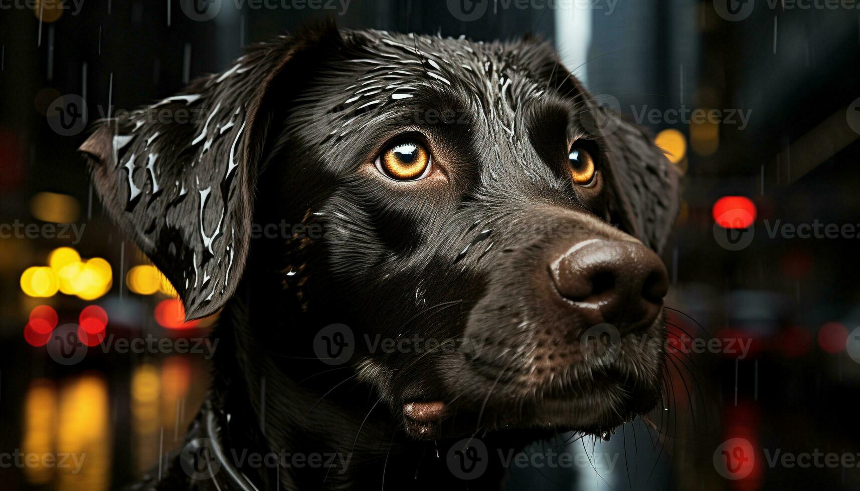 fofa cachorro sentado ao ar livre, molhado a partir de chuva, olhando às Câmera gerado de ai foto