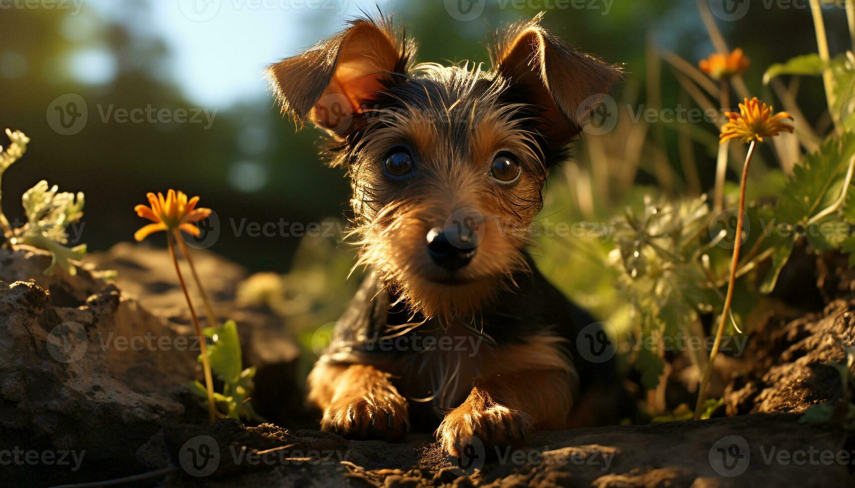 fofa cachorro sentado dentro a grama, desfrutando a verão luz solar gerado de ai foto