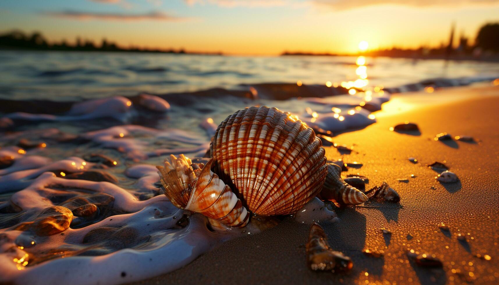 pôr do sol sobre tranquilo águas, uma verão paraíso para relaxamento gerado de ai foto