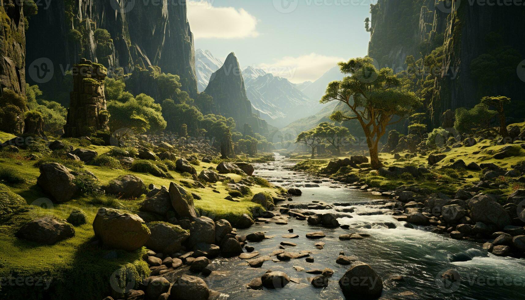 majestoso montanha pico, tranquilo floresta, fluindo água, verde panorama gerado de ai foto