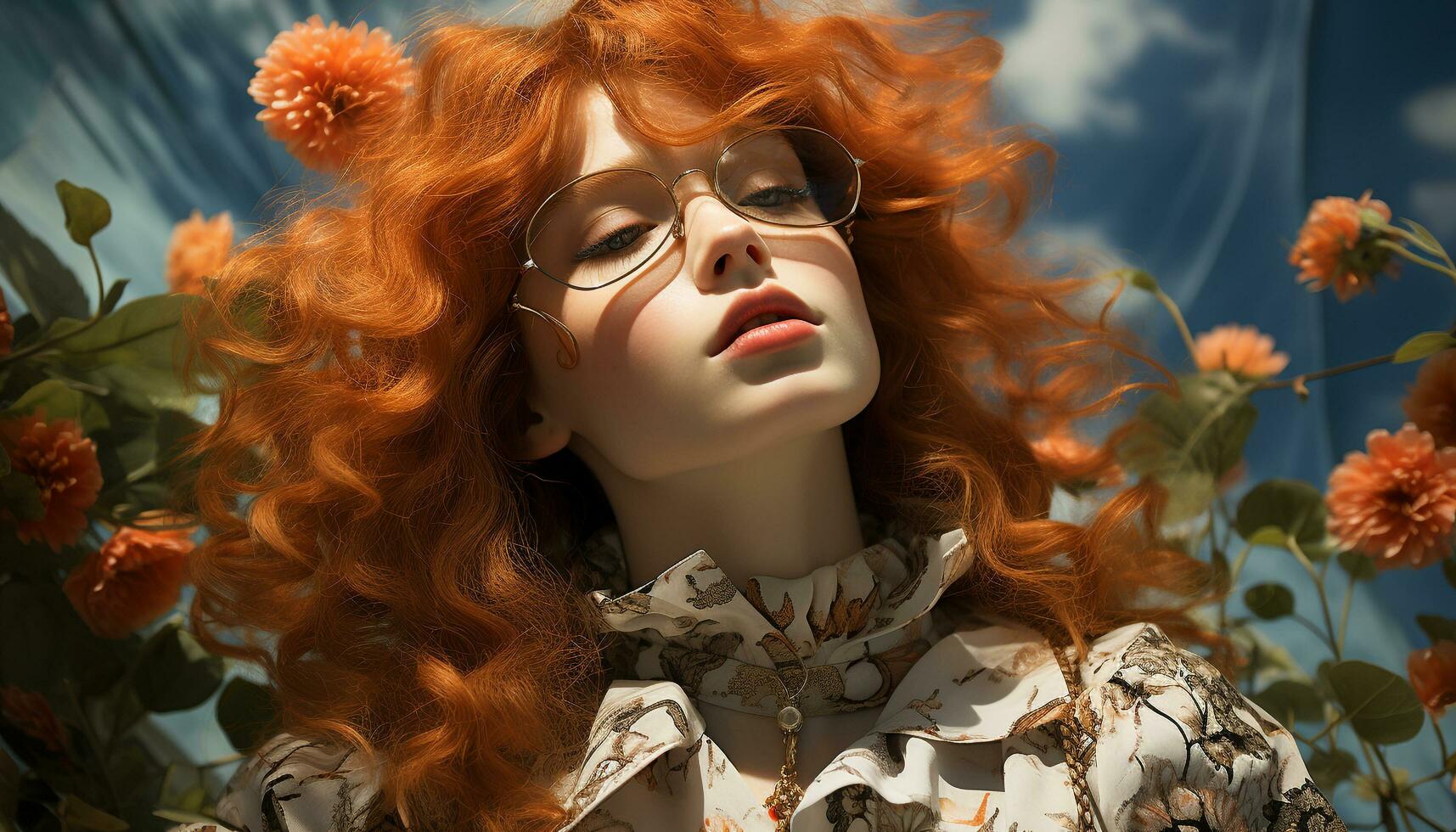 uma lindo moda modelo com oculos de sol, elegância, e uma flor gerado de ai foto