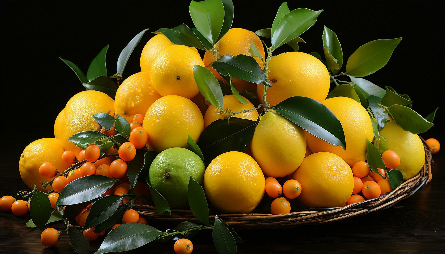 frescor do citrino fruta, natureza saudável comendo, vibrante cores, suculento refresco gerado de ai foto