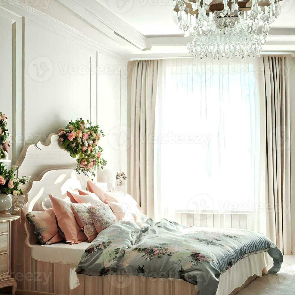 moderno quarto com lindo mobília, confortável cama, travesseiro e lustre ai generativo foto