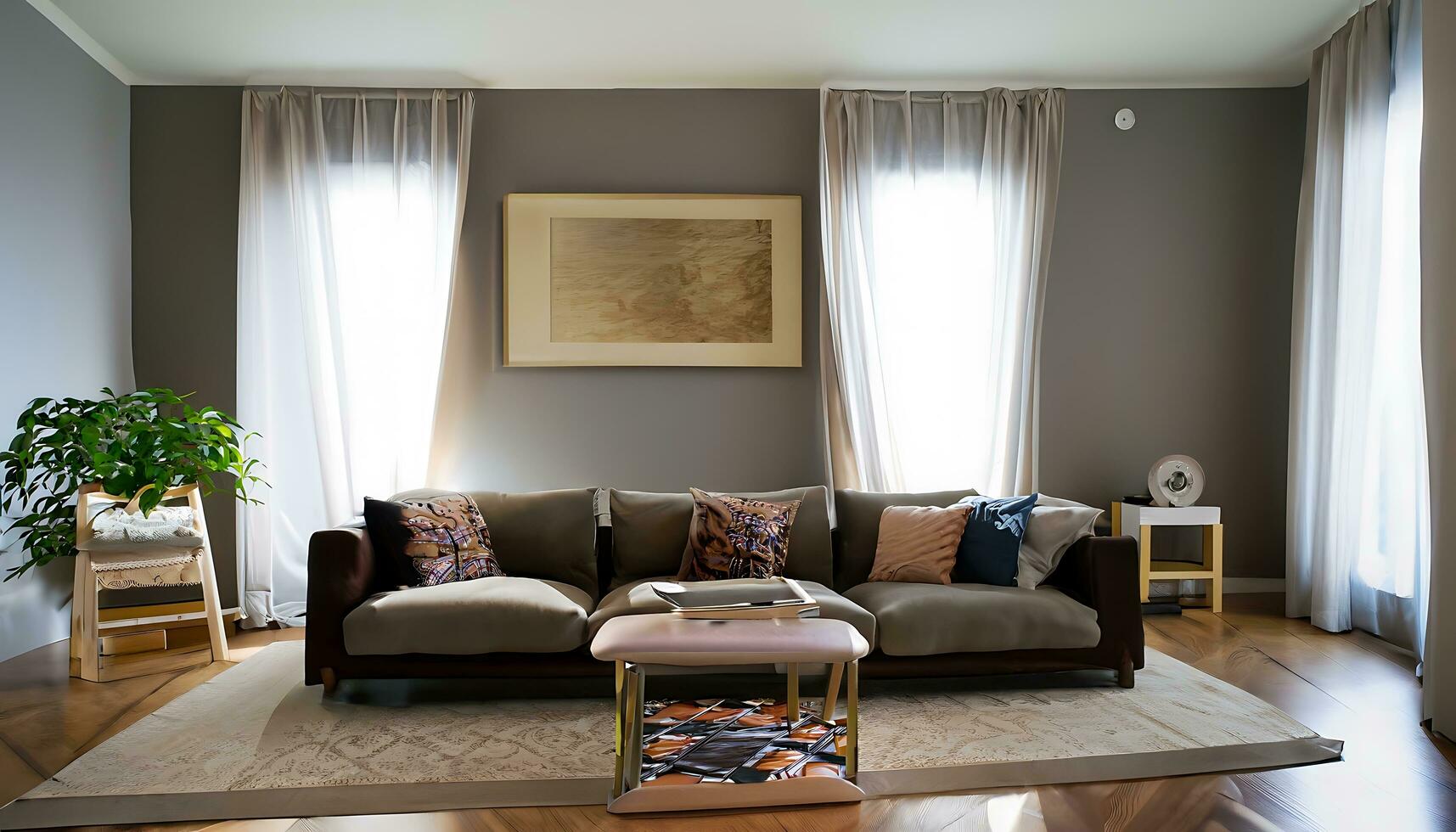moderno interior do aberto espaço com Projeto modular sofá, mobília, café mesa, travesseiros, e elegante pessoal acessórios dentro à moda casa decoração - ai generativo foto