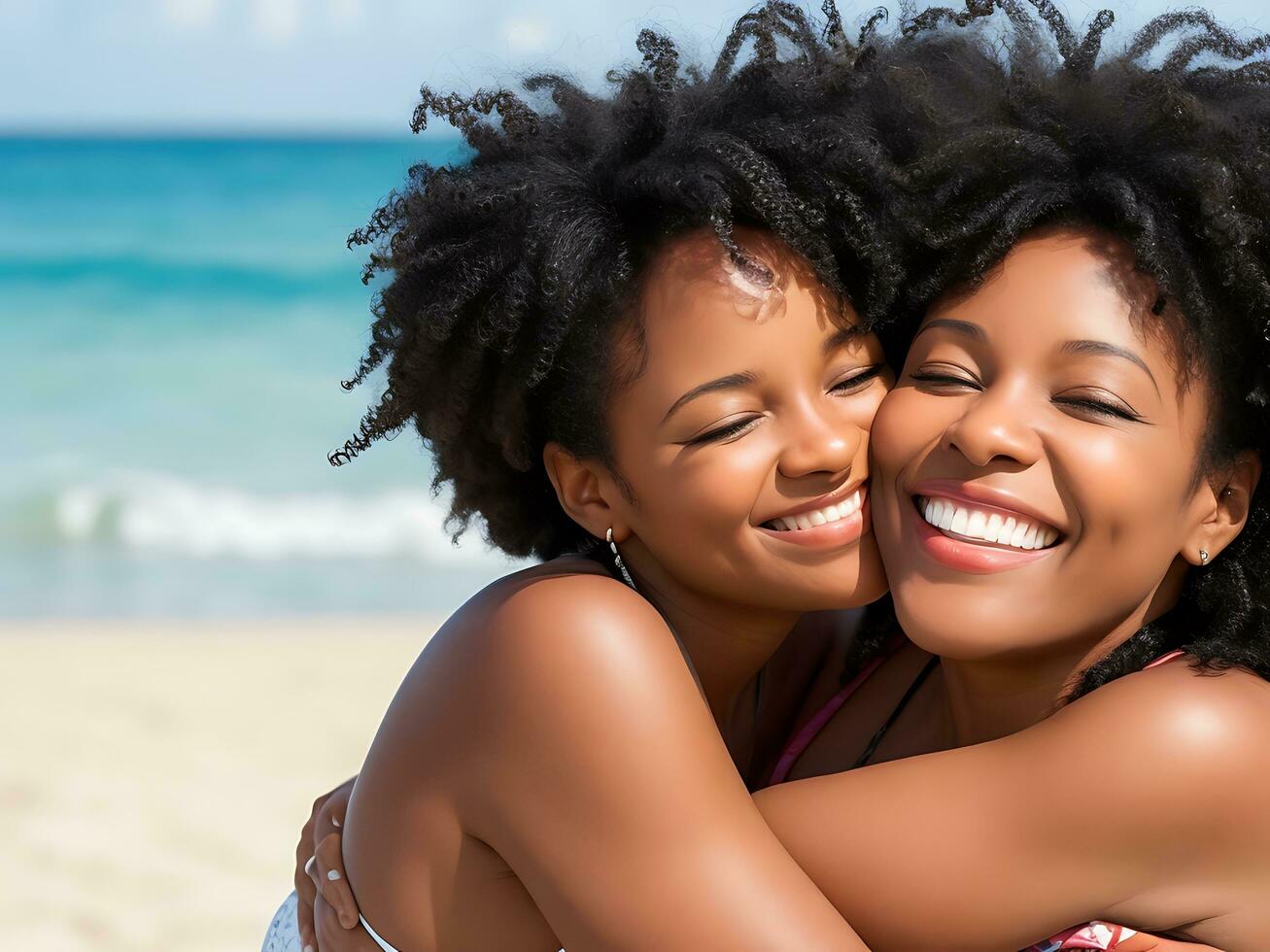 dois Preto mulheres abraço e sorridente às a de praia - ai gerado foto