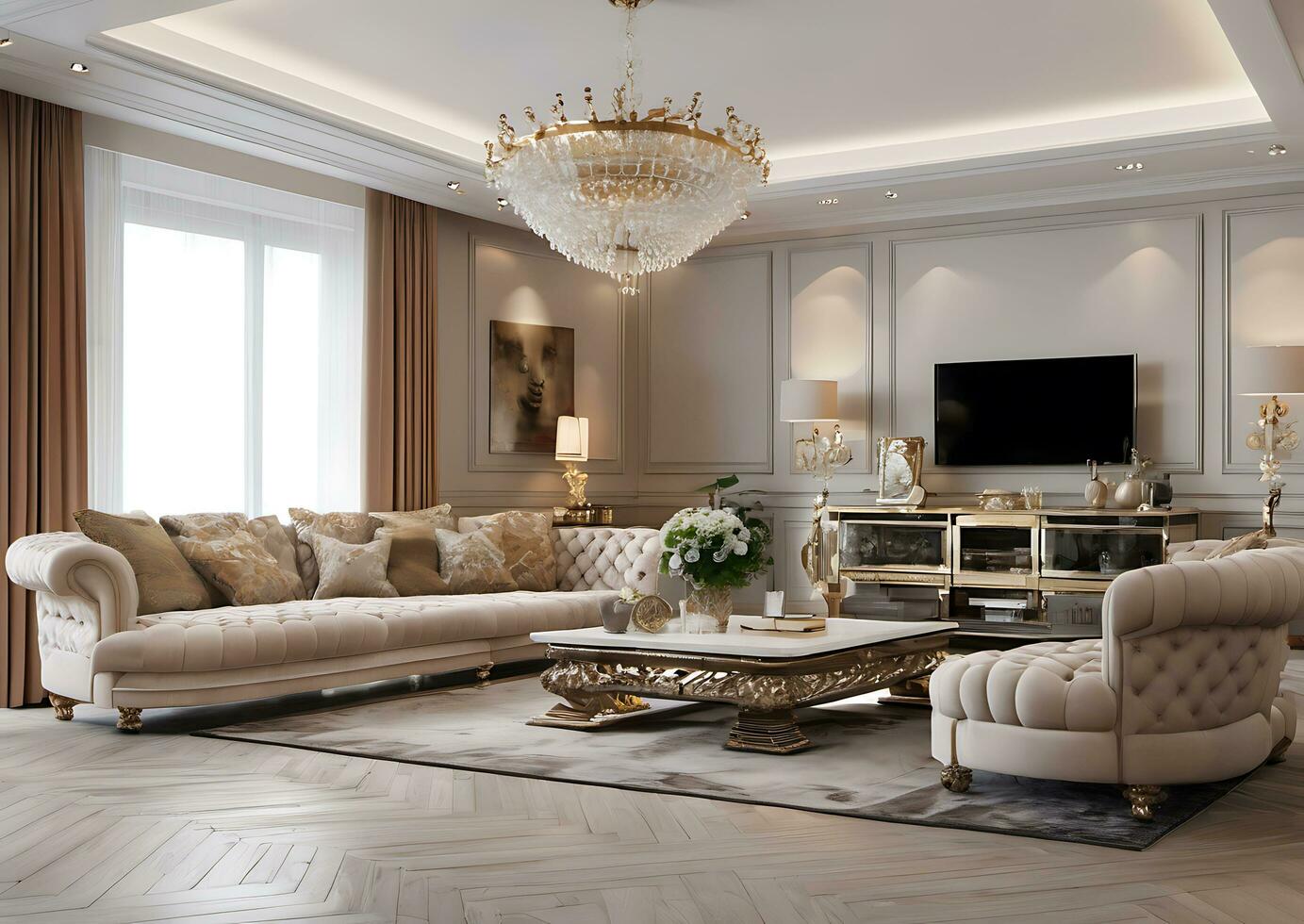 luxo moderno vivo quarto com elegante decoração ai gerado foto
