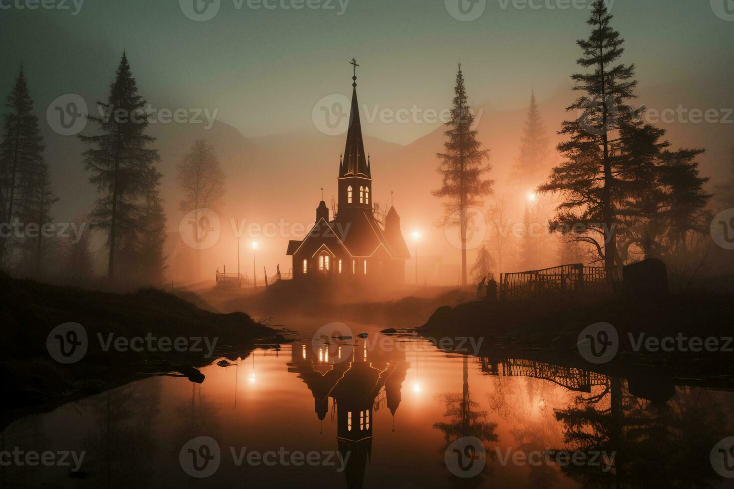 profissional panorama fotografia dentro a místico névoa panorama com uma igreja. ai generativo foto