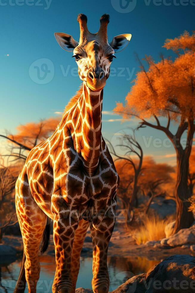 uma girafa forragens em a savana dentro África. ai generativo foto